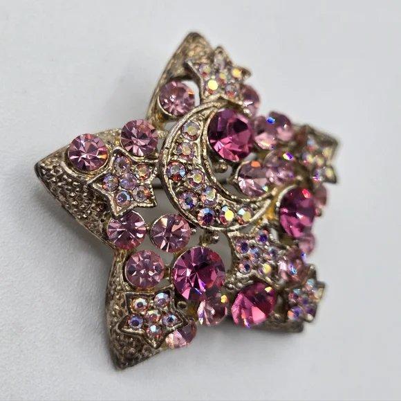 VINTAGE Star Brooch Auro Borealis Moon Stars In Pink Crystals - Picture 10 of 10